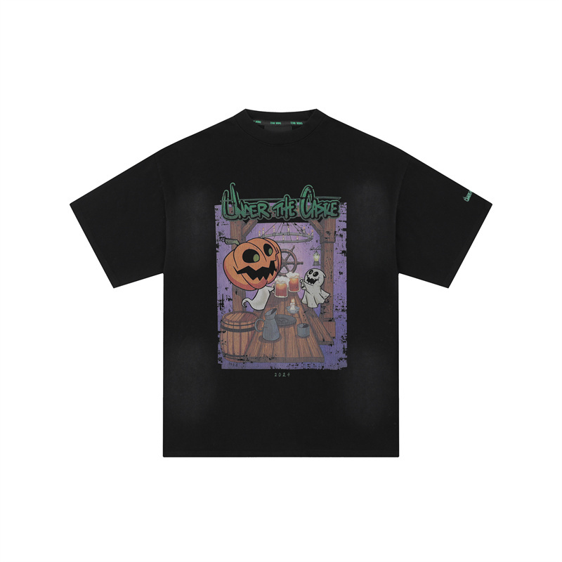 Jackson Wang Style Halloween Pumpkin Head Print Unisex Short-Sleeve Loose Casual Washed T-Shirt Trendy