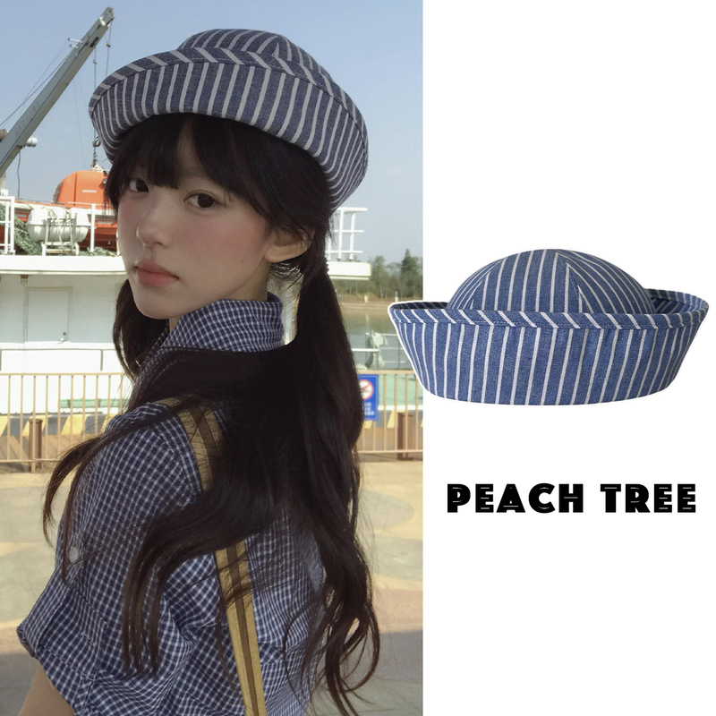 Korean-Style Blue and White Striped Navy Captain's Sailor Hat, Sunshade Brimmed Fisherman's Hat, Japanese-Style Girl's Hat, Beret