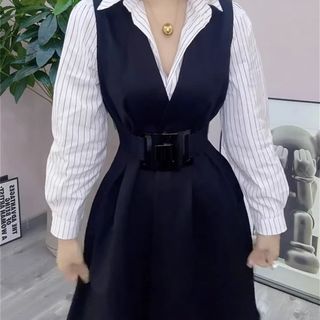 Internet celebrity autumn new fashion dress temperament high-end long-sleeved waist shirt skirt vest a-line skirt two-piece set