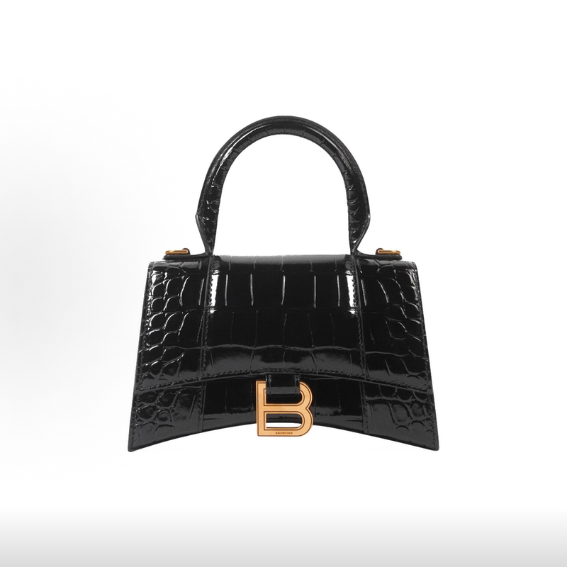 Balenciaga Luxury Brand 99% New Crocodile Pattern Black and Gold XS Hourglass Bag Crossbody Bag Wz