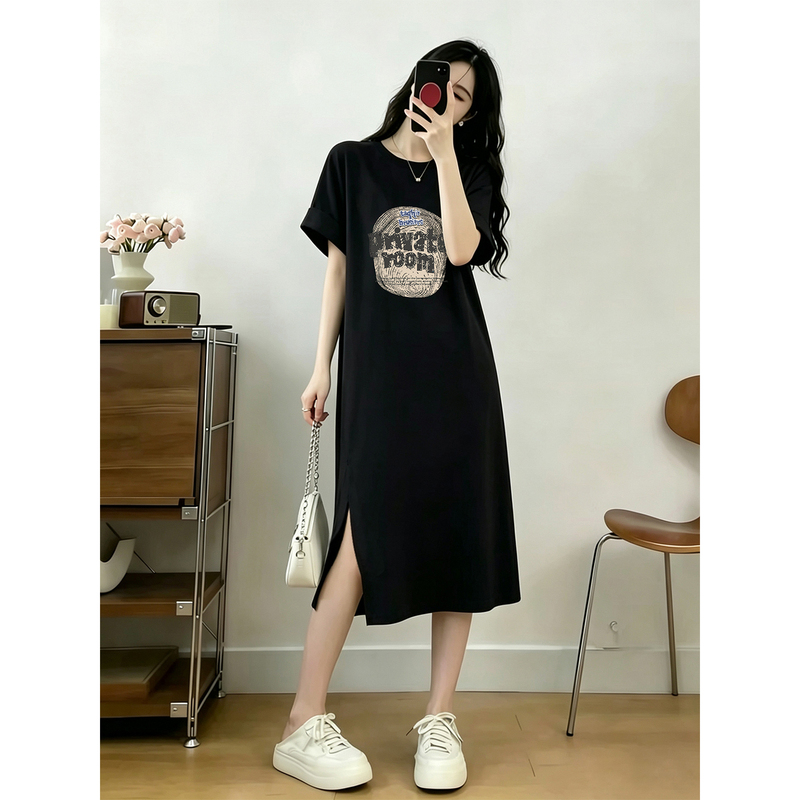 Short-Sleeve Pure Cotton T-Shirt Dress for Women, Loose Casual Black Slit Dress, 2026 New Summer Fashion