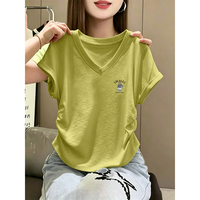 Short-Sleeved V-Neck Cotton T-Shirt with Small Flutter Sleeves, Slim Fit, Avocado Green Top for Women, Summer 2026 New Style Short-Sleeved V-Neck Cotton T-Shirt with Small Flutter Sleeves, Slim Fit, Avocado Green Top for Women, Summer 2026 New Style