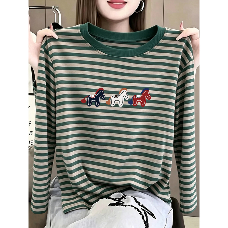 Early Autumn Striped Pure Cotton Round Neck Long-Sleeved T-Shirt for Women 2026 New Fashion Versatile Stylish Base Shirt Top