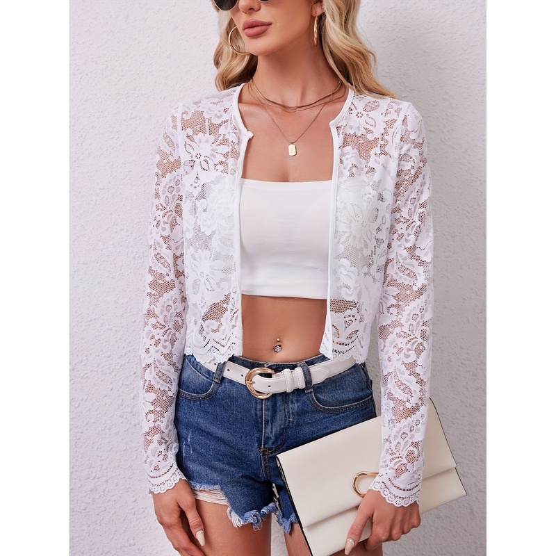 European and American Cross-Border 2026 Amazon New Autumn and Winter Elegant Women's Long-Sleeve Sheer Lace Cardigan Top