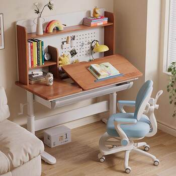 Solid wood desk student home writing desk bookshelf integrated lifting desk and chair bedroom hole board children's study table