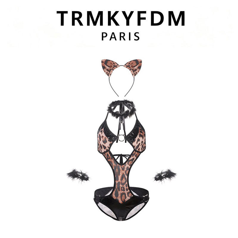 French Trmkyfdm Lingerie Hot Girl Sexy Seductive Leopard Print Set, Enhances Small Bust, Hot and Spicy Hollow-Out Bodysuit French Trmkyfdm Lingerie Hot Girl Sexy Seductive Leopard Print Set, Enhances Small Bust, Hot and Spicy Hollow-Out Bodysuit