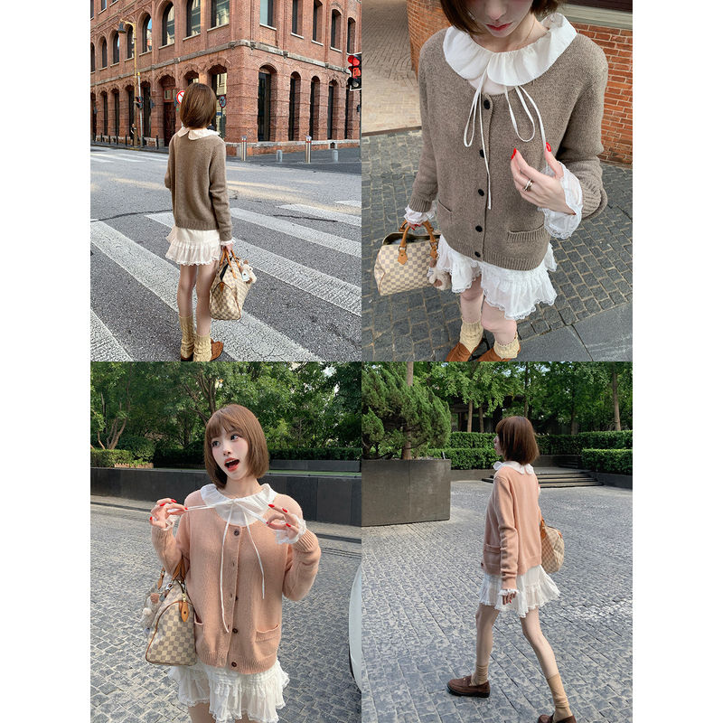 Wearkeki Cinnamon Roll Lazy Loose Cardigan Sweater Coat for Women Vintage Petite Knitted Top