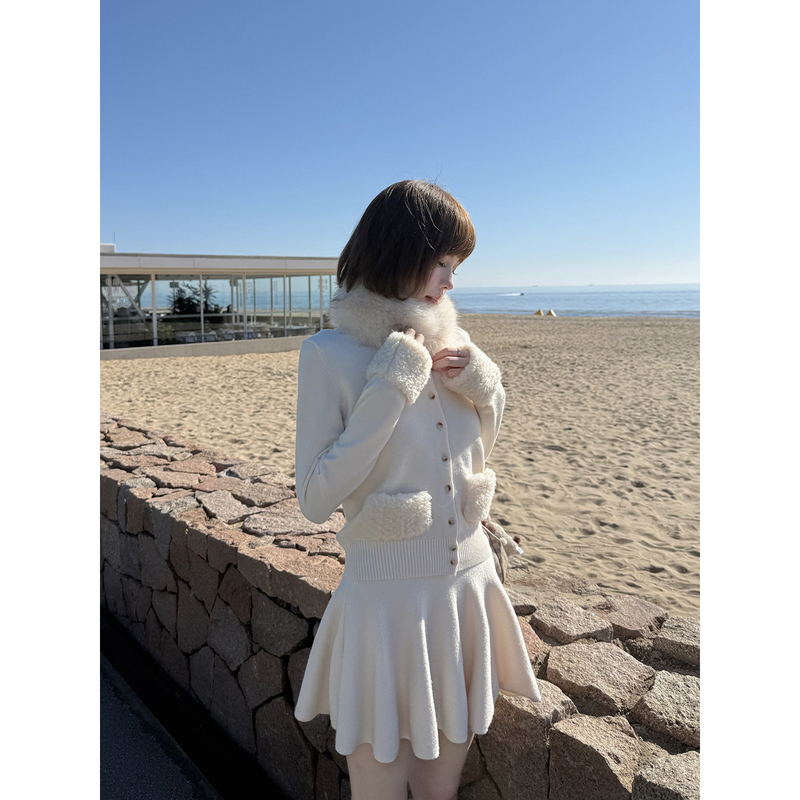 Wearkeki Snow Rabbit Plush Patchwork Knitted Cardigan Jacket Set Women's A-Line Skirt Two-Piece Set
