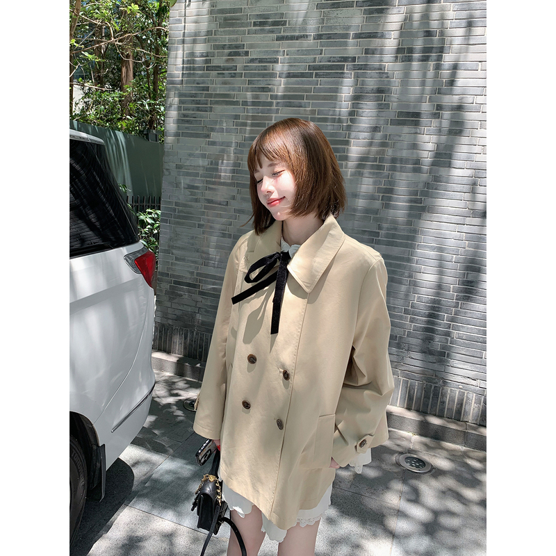 Wearkeki Berlin Autumn Story Korean-Style Lapel Trench Coat for Women with Bow on the Back, Loose-Fitting and Elegant Top