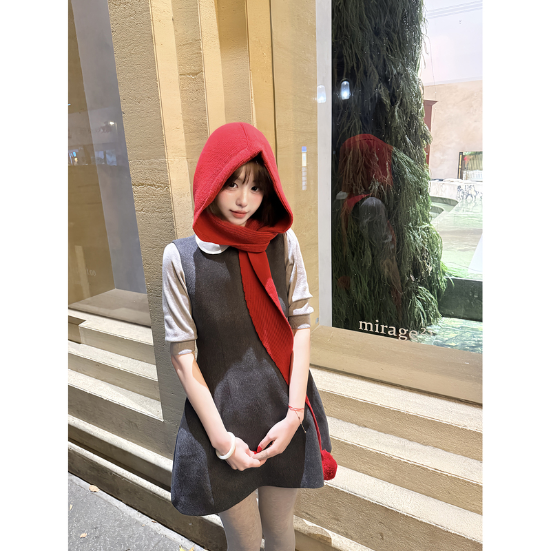 Wearkeki Little Witch Slimming Waist Vest Dress Set Women's High Neck Knitted Base Shirt Two-Piece Set