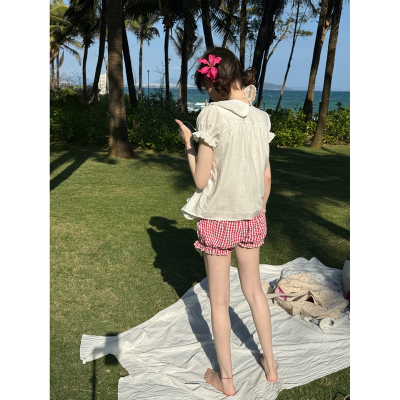 Wearkeki Picnic Bubble Retro Plaid Slimming Bloomers Women's High Waist Straight Loose Versatile Shorts