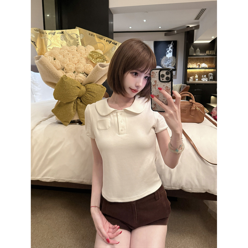 Wearkeki Dolly Notepad Doll Collar Slim Fit Short Sleeve T-Shirt for Women, Regular Shoulder, Versatile and Sweet Top Wearkeki Dolly Notepad Doll Collar Slim Fit Short Sleeve T-Shirt for Women, Regular Shoulder, Versatile and Sweet Top