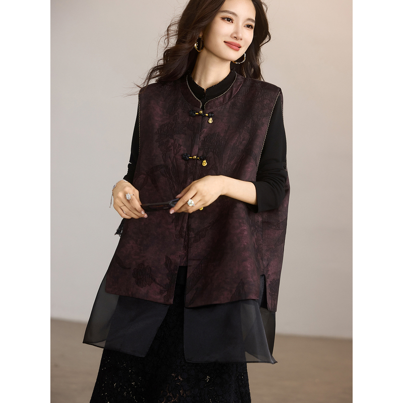 Sùmù New Chinese Style Jacquard Vest for Women, Spring 2026 New Model, Mid-Length Vest, Elegant Top, Plus Size Women's Clothing