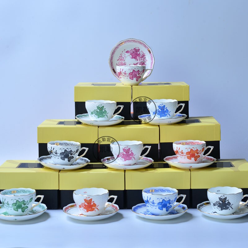 Hungarian Aponi Downton Style Hard Porcelain Coffee Cup and Saucer European Style Ceramic Coffee Cup and Tea Cup Set Gift Box