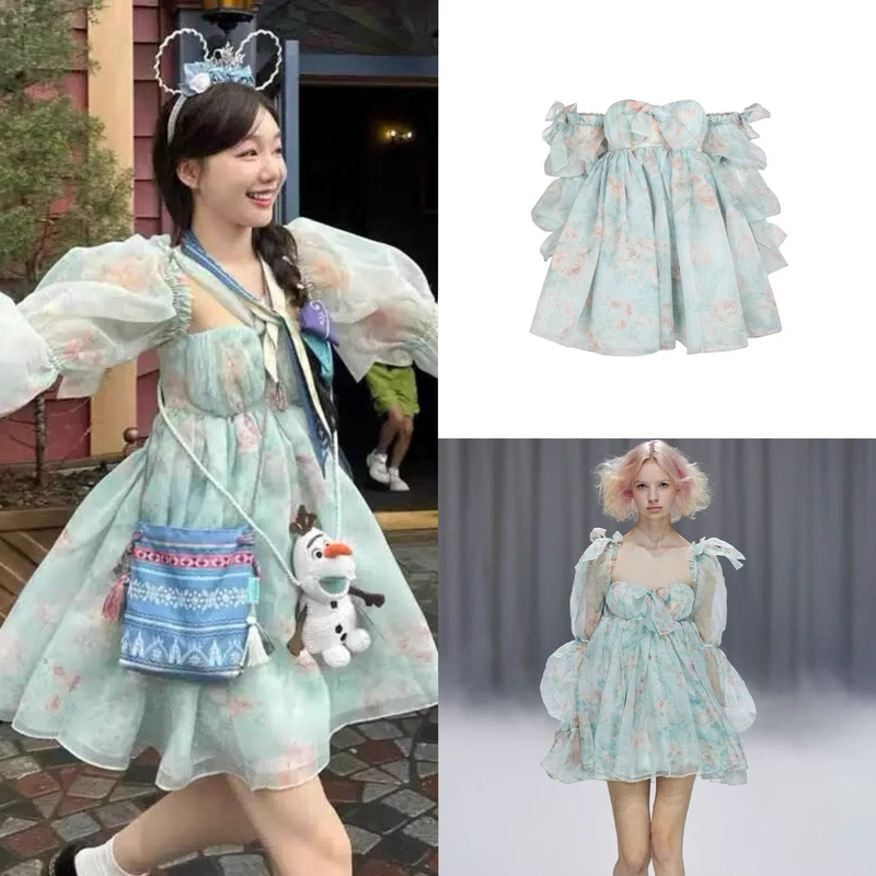 In Stock, Xu Mengjie's Same Style Selkie 2025 New Bell-Sleeve Light Blue Herbal Print Princess Dress for Women