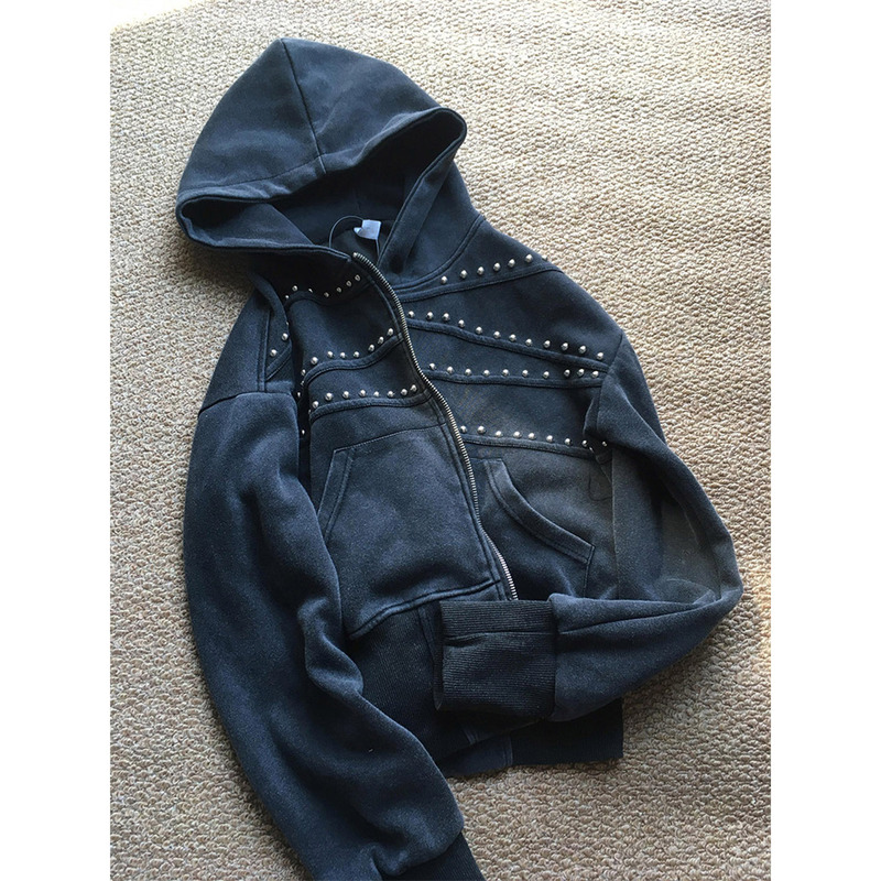 American Retro Design, Washed and Distressed Black Studded Heavy-Duty Hooded Sweatshirt for Women, Slim Fit Autumn Top American Retro Design, Washed and Distressed Black Studded Heavy-Duty Hooded Sweatshirt for Women, Slim Fit Autumn Top
