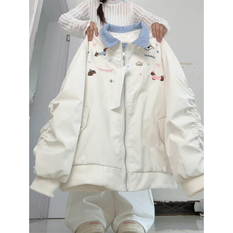 American Retro Striped Faux Two-Piece Dachshund Embroidered Lapel Jacket for Women, Spring and Autumn College Style Baseball Jacket American Retro Striped Faux Two-Piece Dachshund Embroidered Lapel Jacket for Women, Spring and Autumn College Style Baseball Jacket