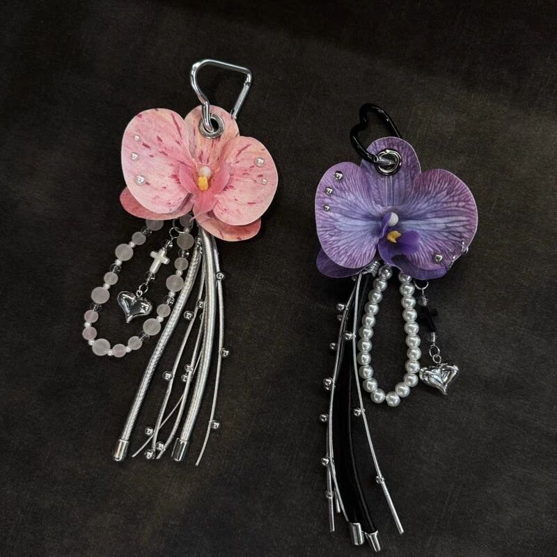 Y2K Artificial Lily Flower Butterfly Orchid Pendant Niche Dark Keychain Bag Charm Sweet and Spicy Punk Style Long Accessory