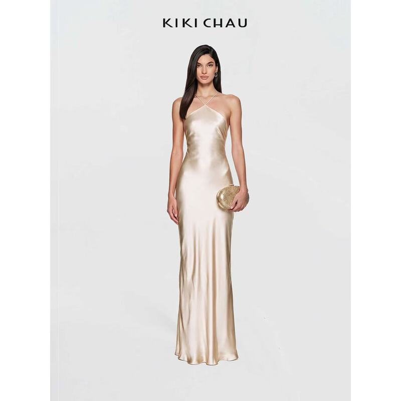 Kiki Chau Autumn New French-Style Party Light Dress High-End Petite Acetate V-Neck Halter Backless Dress