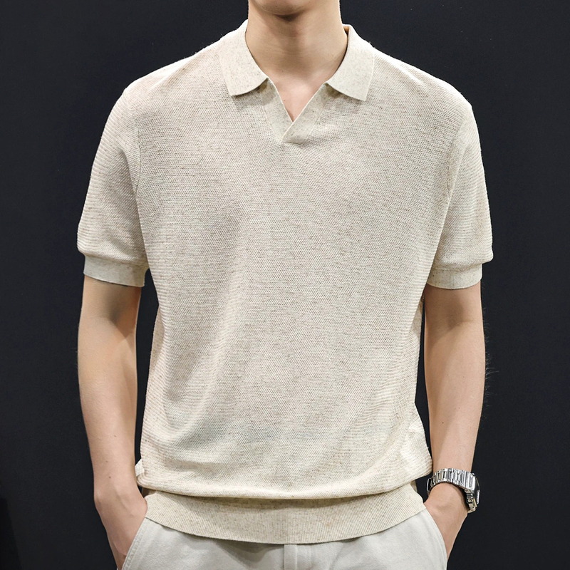 【Japan Okayama】Lyocell Linen Seagull Collar Knit Breathable Old Money Style Short-Sleeve T-Shirt for Men, New Casual Style