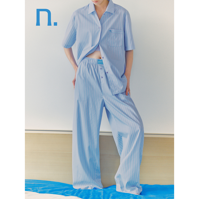 N.Horse【Comfortable and Smooth Tencel Cotton】Can Be Worn Outside, Blue and Purple Striped High-End Loungewear Two-Piece Set