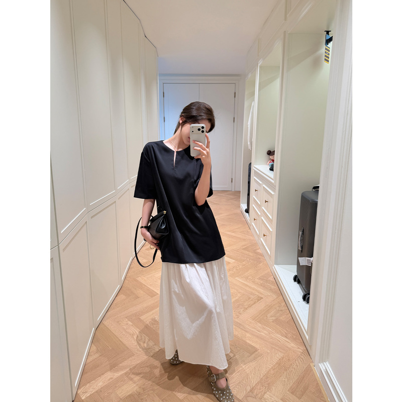 Multimath Little Ding Baoli/ Color-Block Dress/ Summer High-Waisted A-Line Round Neck Long Dress for Women