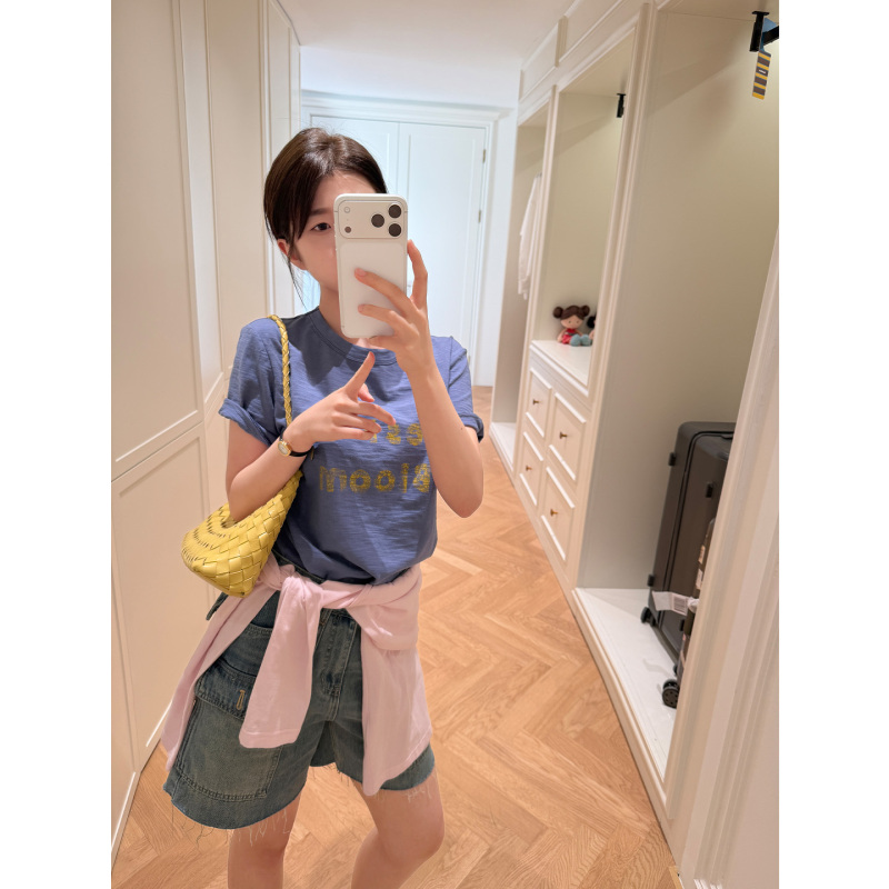 Multimath Little Ding Baoli/Letter T/Summer Pure Cotton Simple Printed Top Round Neck Short-Sleeved T-Shirt for Women