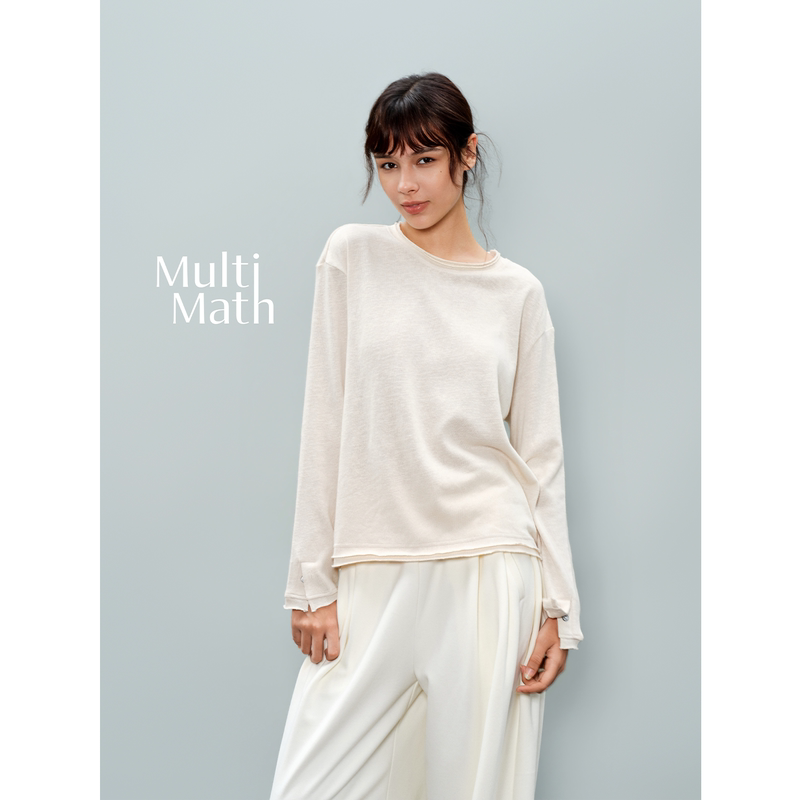 Multimath Little Ding Baoli/Frayed Edge Top/Loose and Lazy Style Rolled Edge Long-Sleeve Round-Neck Base Shirt for Women