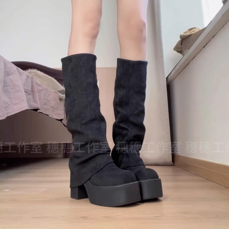 Japanese-Style Thick-Soled High-Heeled Trendy Boots 2025 Autumn and Winter New Square-Toe High Boots Slimming Elastic Skinny Boots for Women