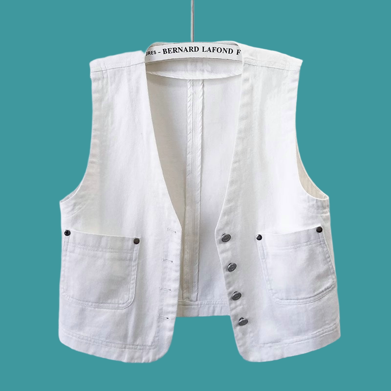 Casual White Denim Vest for Women, Short V-Neck, Sleeveless Vest for Summer 2026, Vest Worn Outside Casual White Denim Vest for Women, Short V-Neck, Sleeveless Vest for Summer 2026, Vest Worn Outside