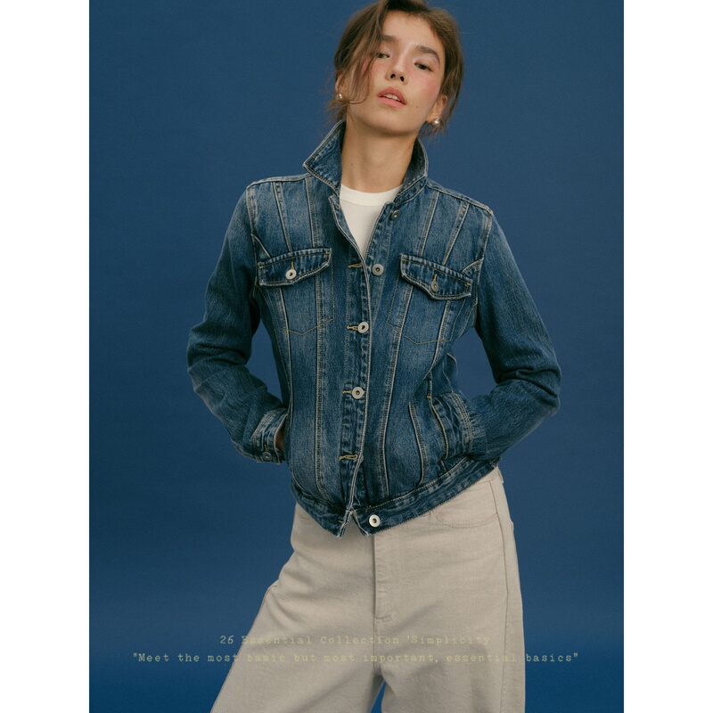 Who Peach [Blues Moment] American Retro Washed Denim Short Jacket with a Versatile Design for Women in Autumn and Winter