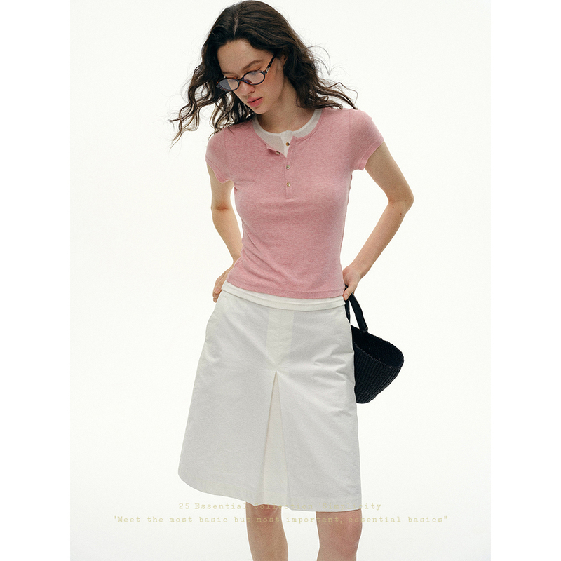 Who Peach Lyocell Wool Fake Two-Piece Henry Collar Short Sleeve T-Shirt for Women Slimming Regular Shoulder Top Summer New Style