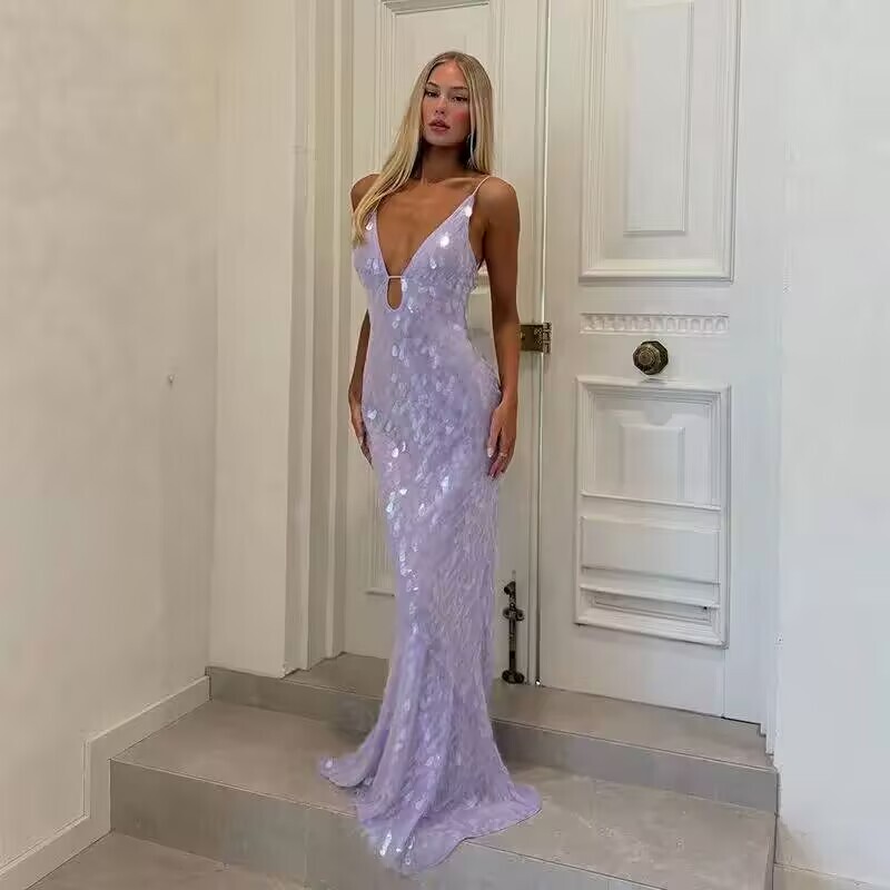 Sexy Sequined Women's Dress Hollow Out Backless V-Neck Slip