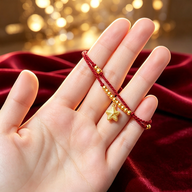 Pure Gold 999 Hammered Star Jewelry Bracelet, Braided Rope Bracelet, Small Gold Beads, Traditional Fortune Beads, Gold DIY Accessories