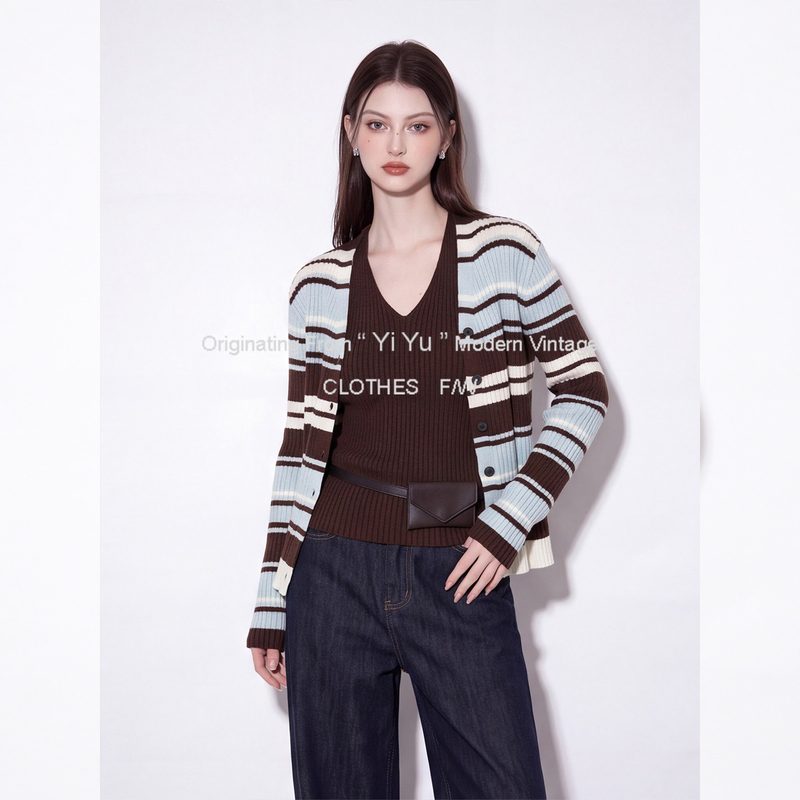 2026 Autumn/Winter Korean-Style Color-Blocking Halter Neck Vest and Striped Knit Cardigan Two-Piece Set for Women