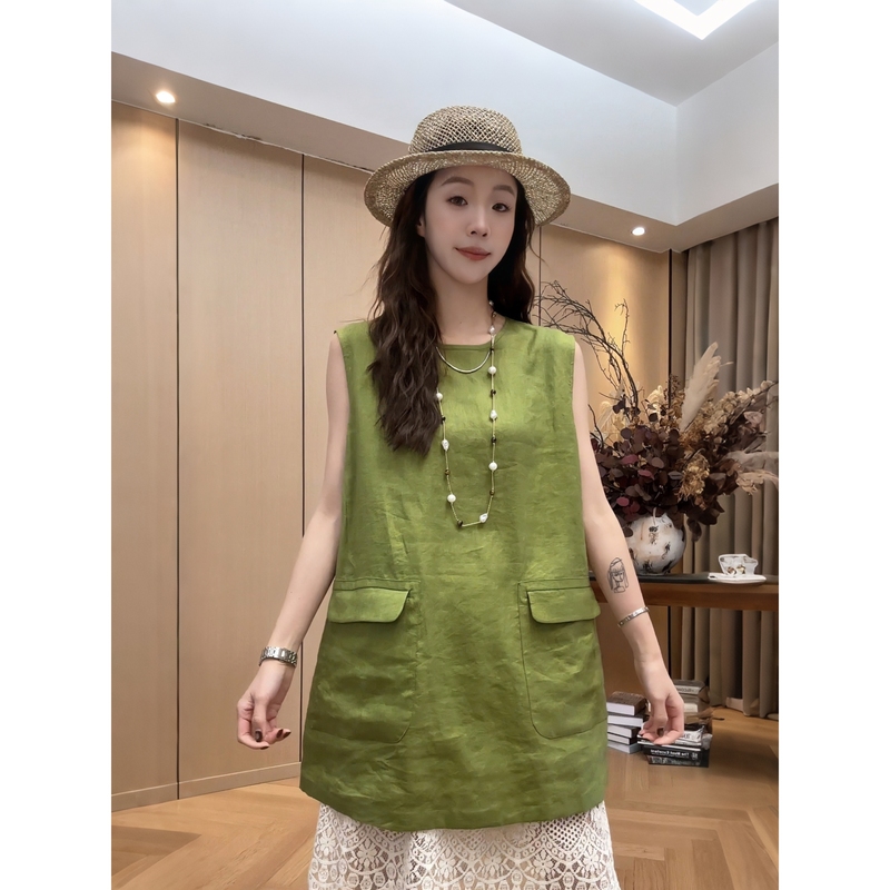 Little Jing Jing Takes a Break [Pocket Vest Linen Dress] 26 Summer New Versatile Loose Top 2606D3633