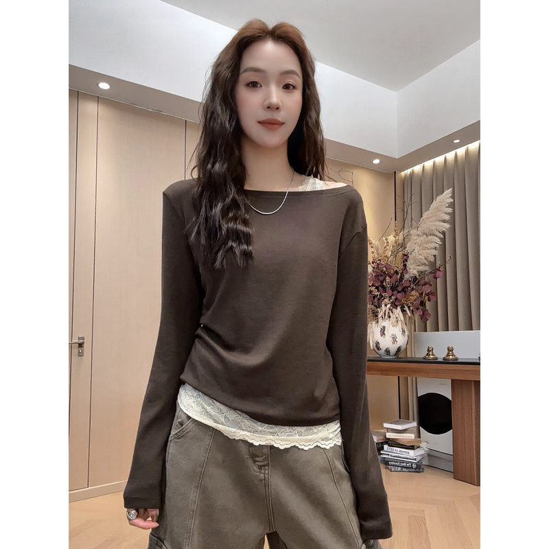 Little Jing Jing Takes a Break [Off-Shoulder Lace Blouse] 26 Autumn New Versatile Long-Sleeved Top 2609D5290
