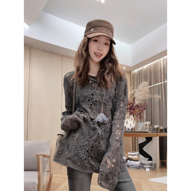 Little Jing Jing Takes a Break [Charcoal Gray Crochet Sweater] 26 Early Autumn New Versatile Long-Sleeve Knitted Top 2608D4530