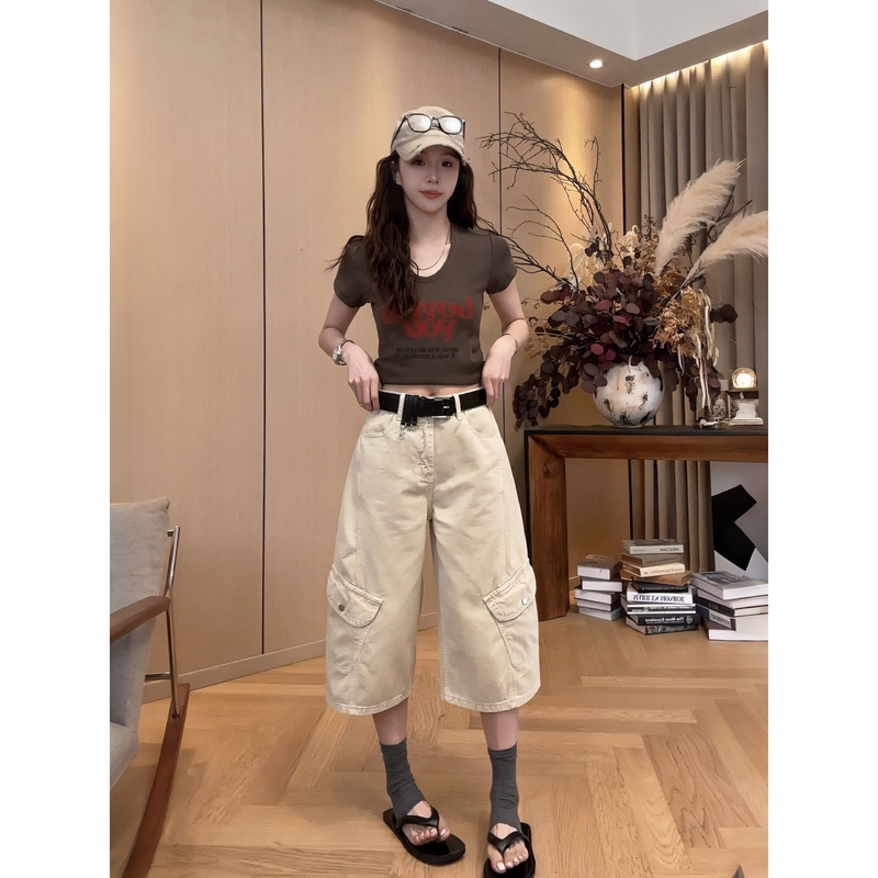 Little Jing Jing Takes a Break [Snap-Button Pocket Cropped Pants] 26 Summer New Versatile Wide-Leg Pants 2605D2922