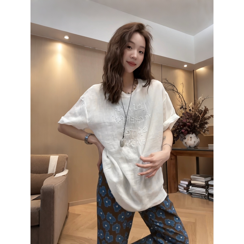 Little Jing Jing Takes a Break [Beaded Ramie Top] 26 Summer Letter Embroidery Slimming Versatile T-Shirt 2605D3501