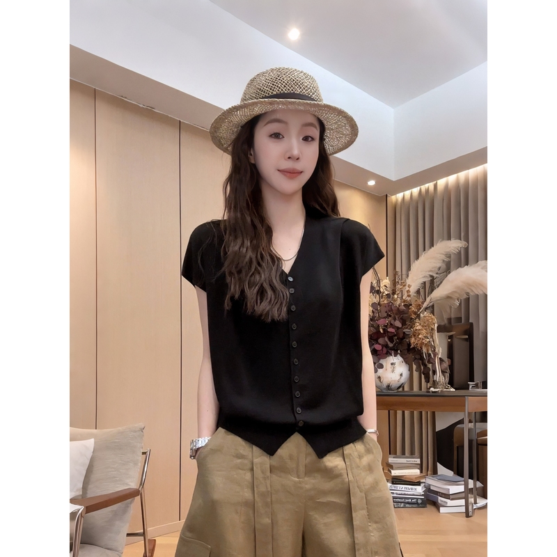Little Quiet Girl [Small V-Neck Paper Knit] 26 Summer New Style Versatile Slimming Short Sleeve 2606D3650