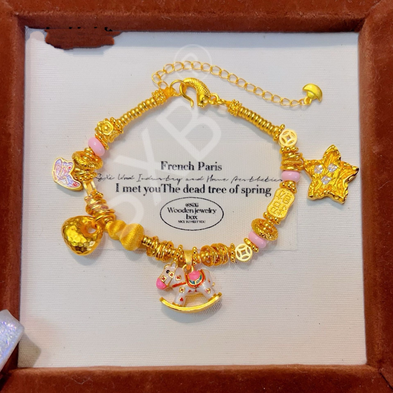 Sxb Brand Traditional Gold-Plated High Color-Retention Enamel Rocking Horse Five-Pointed Star Fortune-Attracting Coiled Bracelet for Women