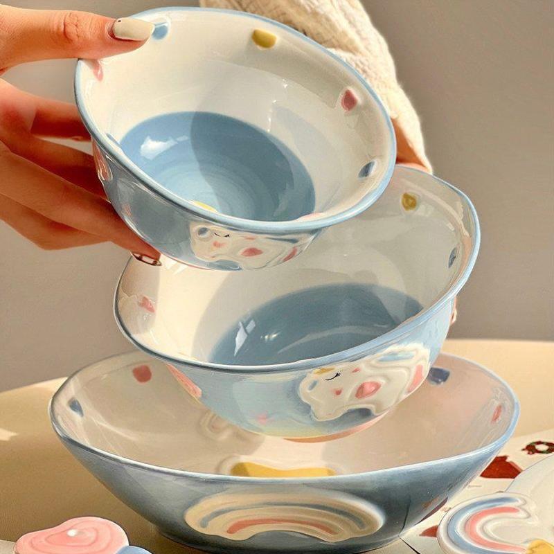 Ceramic Bowl and Plate Dinnerware Set with Underglaze Color, Household Combination, Cute Cartoon Japanese-Style 3D Relief Unicorn