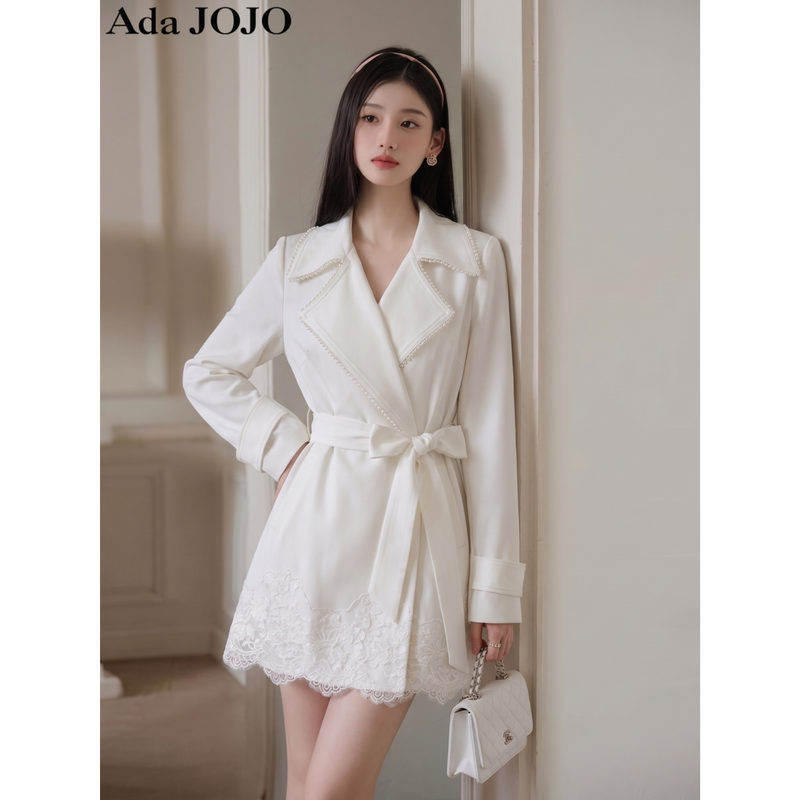 Ada Jojo's New Autumn Style High-End White Trench Coat for Women with Niche Design and Lace Splicing in Mid-Length Ada Jojo's New Autumn Style High-End White Trench Coat for Women with Niche Design and Lace Splicing in Mid-Length