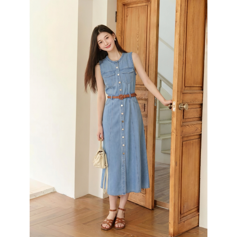 Ada Jojo Mature and Simple Style Sleeveless Denim Dress for Women, Waist-Cinching Mid-Length Versatile Tank Dress