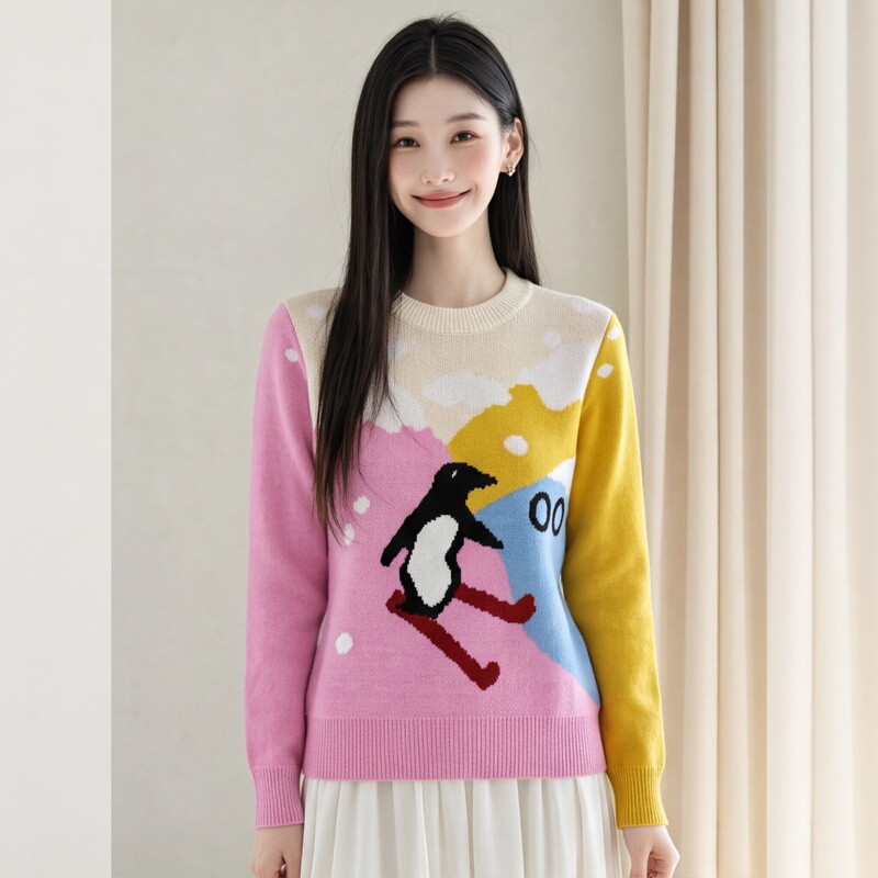 Ada Jojo Autumn and Winter Penguin Jacquard Knit Sweater for Women, Color-Blocking, Slimming, Cute, Stylish, Fun Style, Round Neck Top