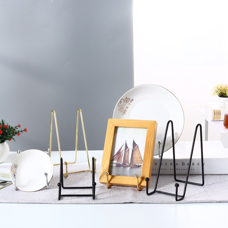 Cross-Border 4inch 6inch 10inch Gold-Plated Black Painted Iron Ceramic Plate Rack Photo Frame Stand Antique Display Stand