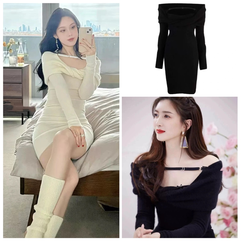 In Stock Jacquemus Jiang Shuying Same Style Hollow-Out Off-Shoulder One-Shoulder Knit Long-Sleeve Dress Bodycon Dress