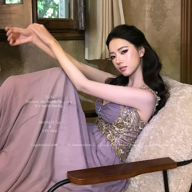 Strappy Dress for Women, Light Luxury, High-End, Vintage Style, Engagement, Birthday Dress, Heavy-Duty Rhinestone-Embellished, Waist-Cinching Long Dress