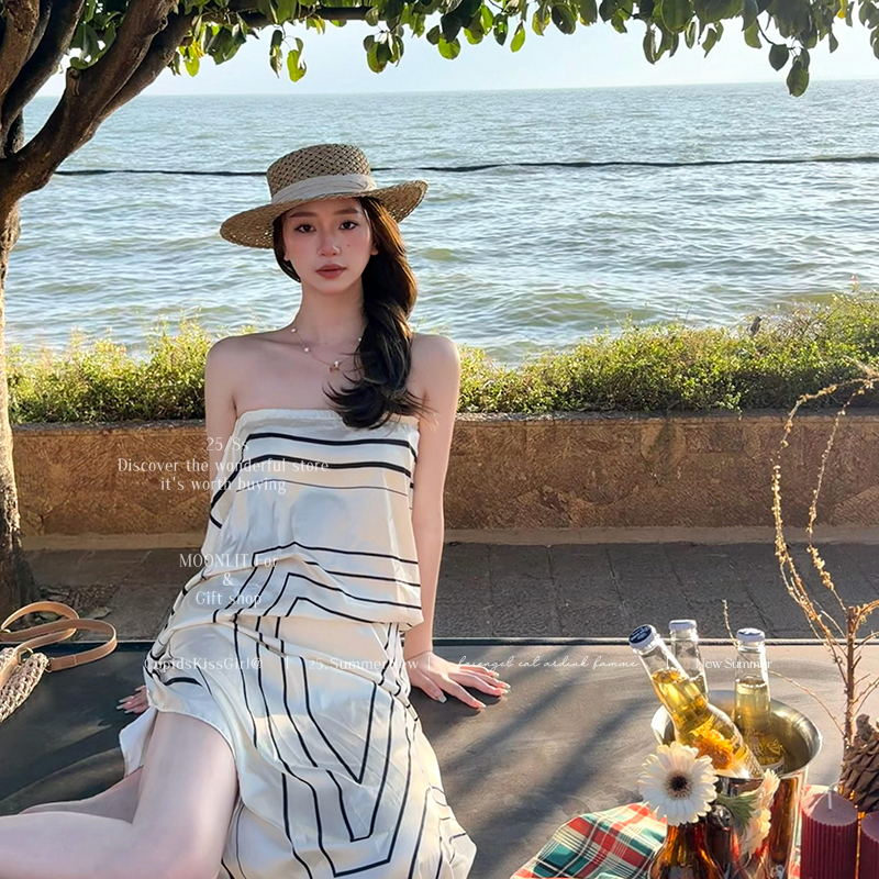 White Strapless Dress for Women, Summer Style, Elegant Ladylike Striped Color-Blocking Geometric Print, Beach Vacation Style Long Dress